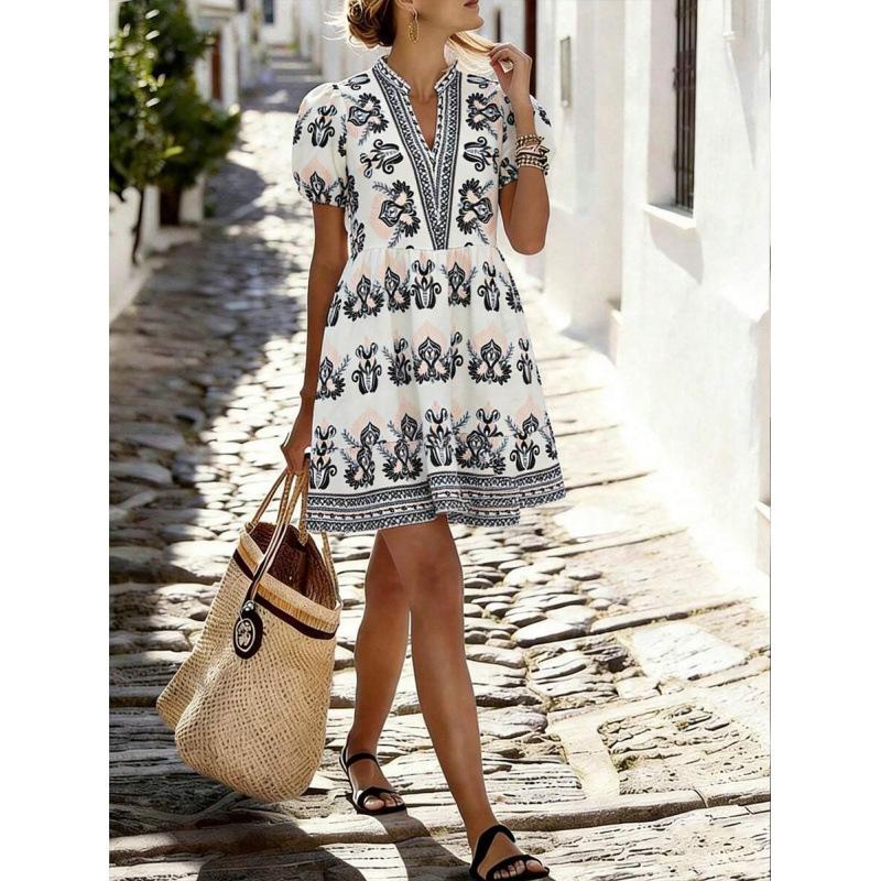 Europe, America 2026 summer new leisure vacation printing V-neck petal sleeve short dress women S