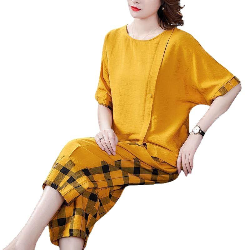 Loose Plus-size Plus-size Mom Summer Set, Women's 1116 New Slimming Fashionable Trendy Plaid Two-piece Set