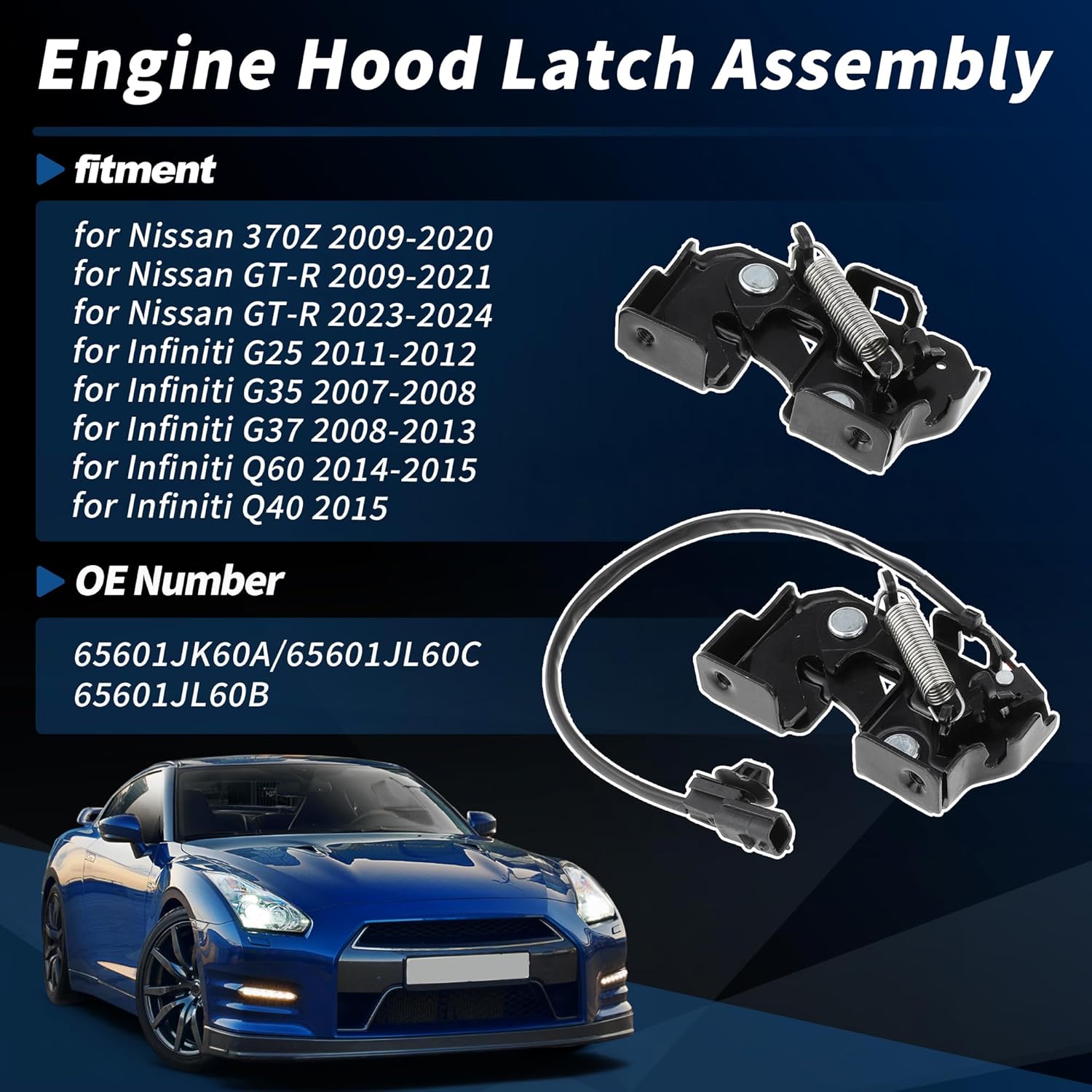 Driver and Passenger Side Hood Latch Assembly for Nissan GT-R 2009-2021 for Infiniti Q40 Q60 Engine Hood Latch Lock Release 65601JK60A/65601JL60C