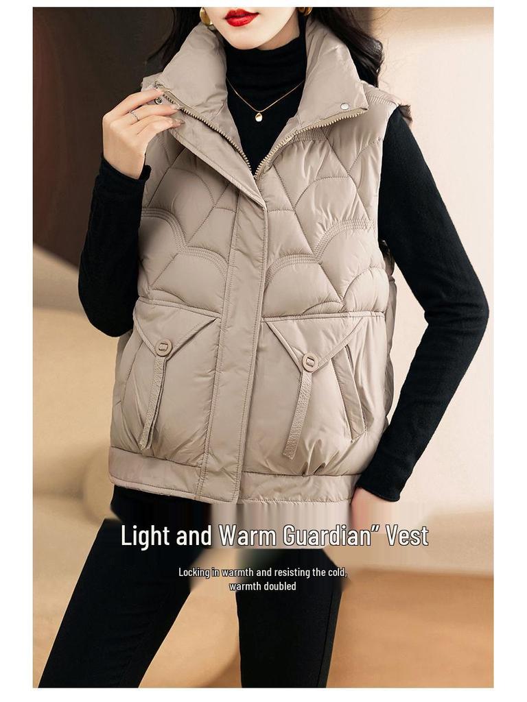 Women's Stylish Stand-up Collar Cotton-Padded Vest - Thick, Warm Sleeveless Jacket for Autumn/Winter