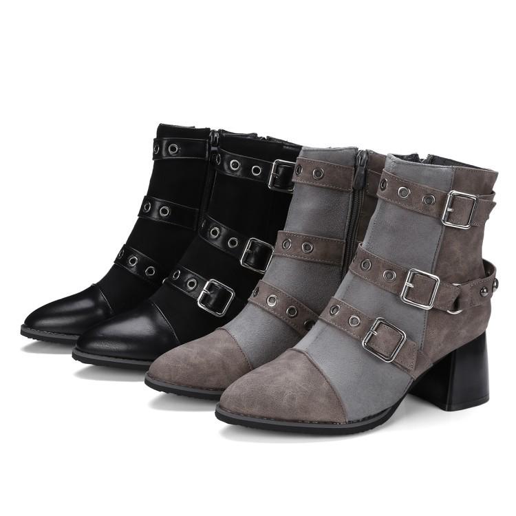 Autumn and Winter Small Pointed Head with Belt Buckle Simple Hollow Rivet Medium Heel Thick Heel Square Root