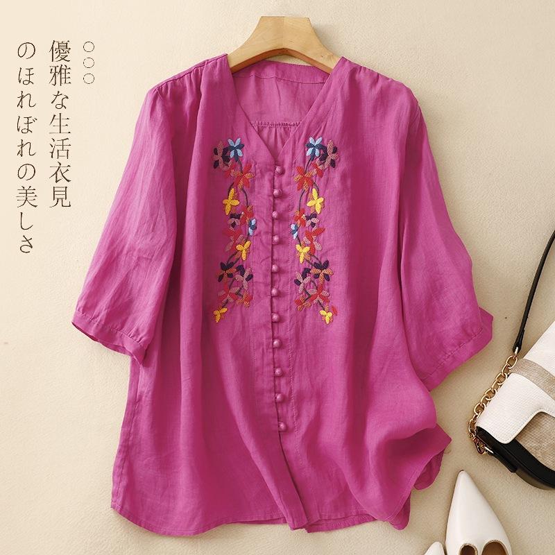 2025 Sommer neues besticktes V-Ausschnitt Fünfviertelarm Damen lockeres und vielseitiges dünnes Hemd
