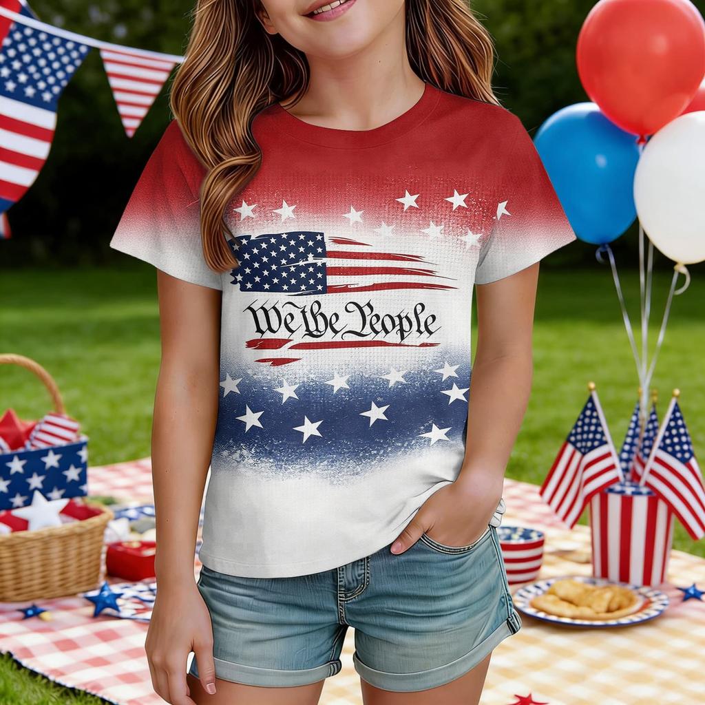 Kids Independence Day Print Round Neck Short Sleeve Casual T-shirt