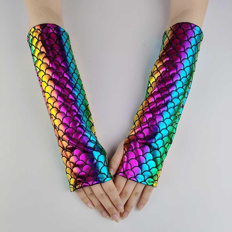 1 Paar Gotische Cosplay Halloween Bühnenperformance Party Armstulpen Meerjungfrau Fischschuppenmuster Fingerlos Lange Handschuhe Für Damen