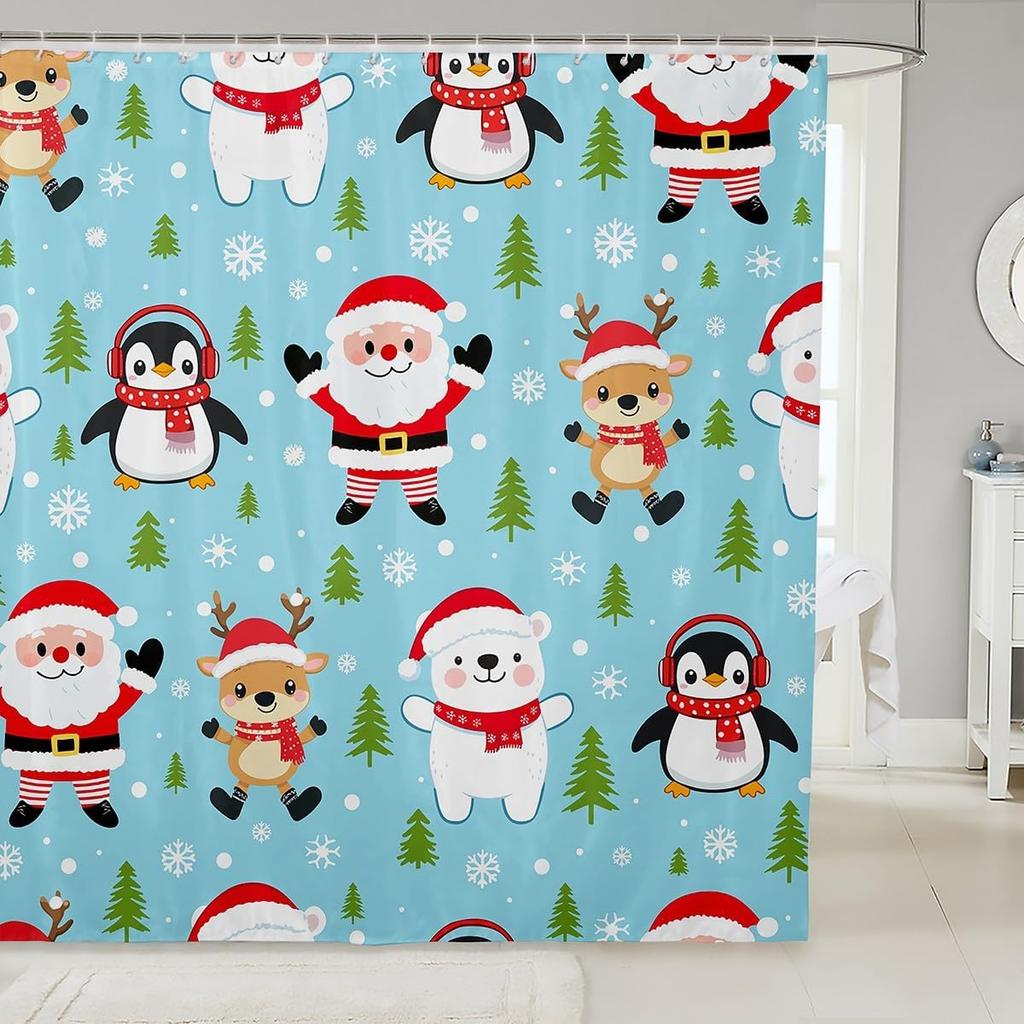 Christmas Puppy Shower Curtains Festive Pet Bathroom Curtain Kids Women Men Cute Dog Bathroom Accessories Xmas Tree Snowflake
