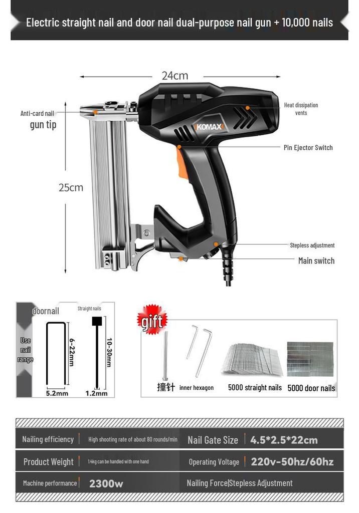 Comax Pneumatic 2-in-1 Electric Nail Gun - Straight & Brad Nailer for Woodworking and Steel Nails.