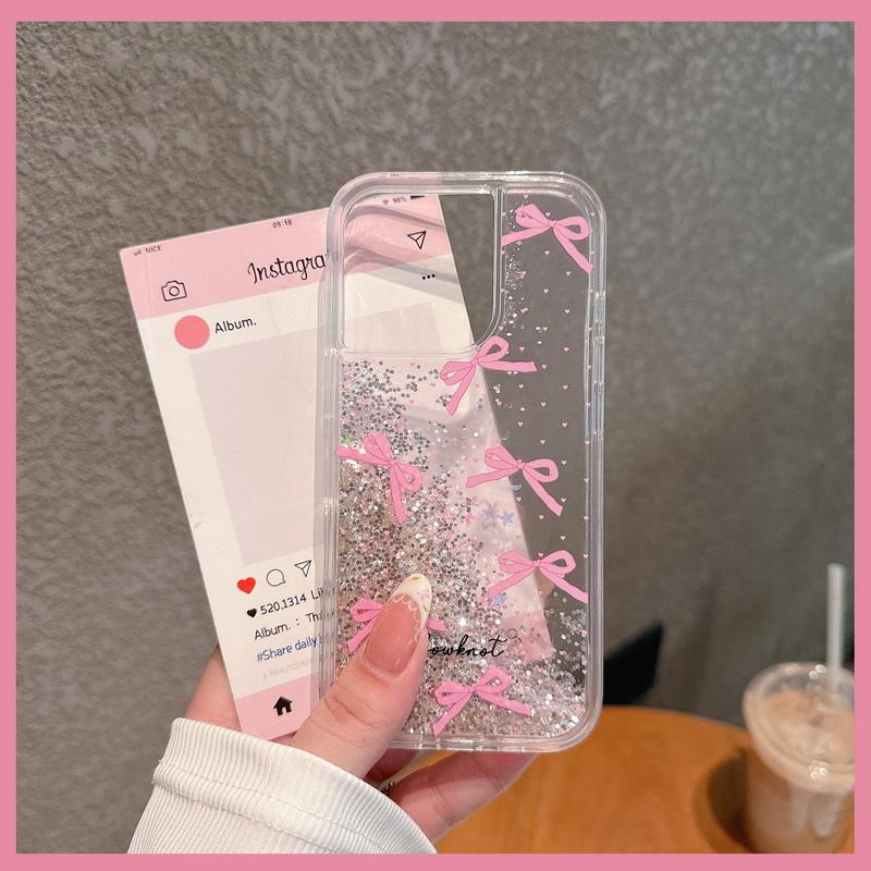 Glitzernde transparente Anti-Fall-Hülle mit rosa Schleifenmuster für iPhone 16 Pro Max 15 Plus 14 Pro 13 12 11 Weiche stoßfeste Silikon-Handyhülle