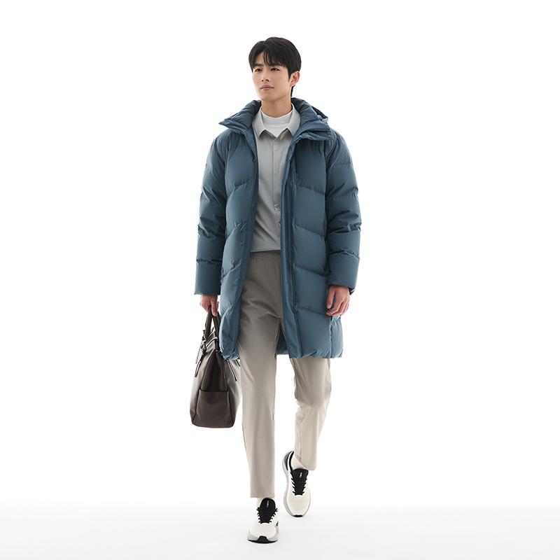 Anta Three-Layer Quick Warmth Four-Defense Technology Duck Down Mid-Length Hooded Down Jacket Men Outerwear Midnight-Gray 952447909-1