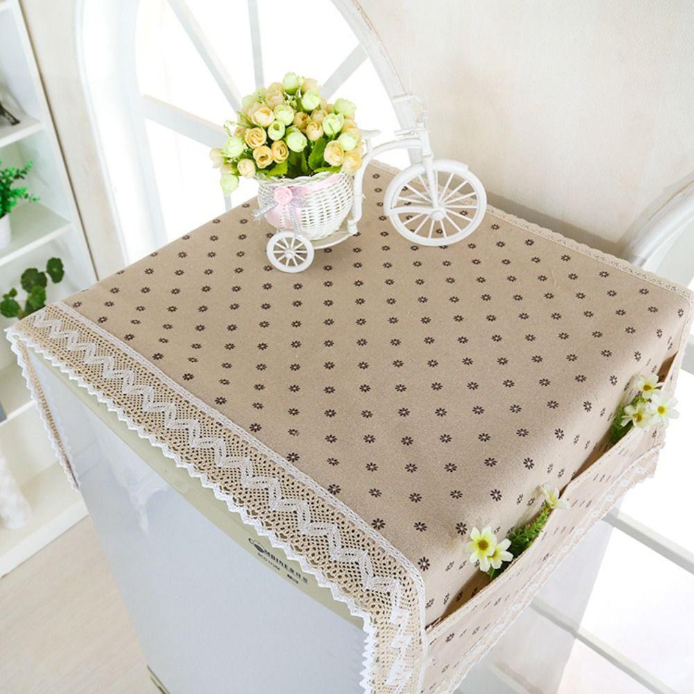 Cotton Linen Refrigerator Dust Cover with Pocket Lace Trim Washing Machine Cover Towel Printed Fridge Protection Cover