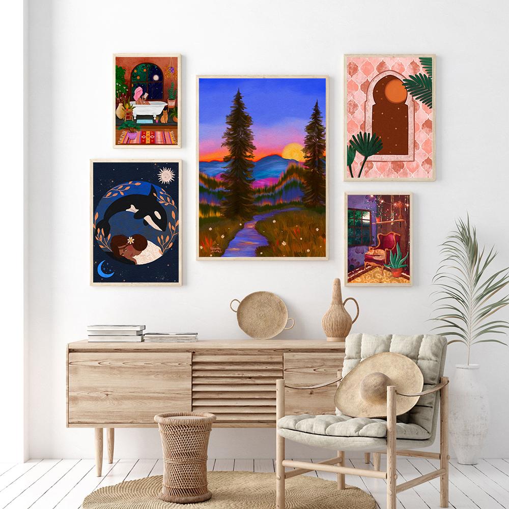 Buckelwal-Mädchen Kunstdruck marokkanischen Fenster Katze Nickerchen abstrakte Landschaft Leinwand Malerei Poster nordischen Frau in Badewanne Bild Wand-Dekor