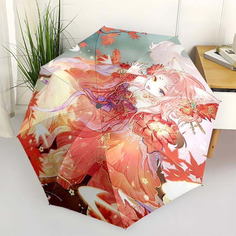 

1pc Autumn Maple Leaf Fox Girl Outdoor Umbrella - Automatic Opening/Closing, Portable 3-Fold Design, 8-Bone Iron Frame, Festival Gift for Fans, T