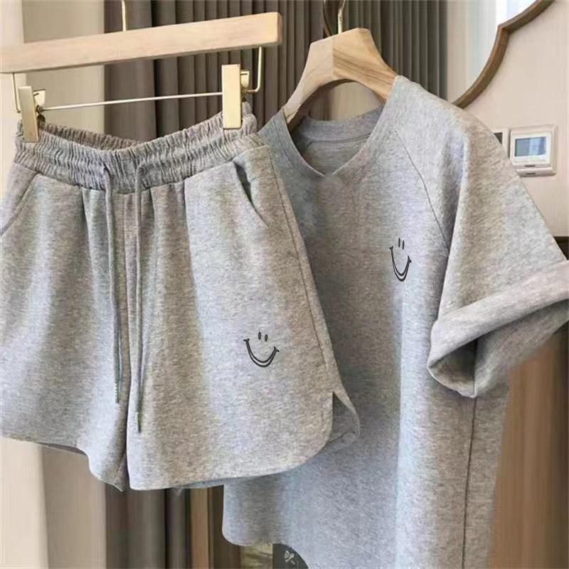 

Print Short Sleeve Shorts Casual Sports Set Women Slimming Loose Fit Korean Style Student Two Piece One Size