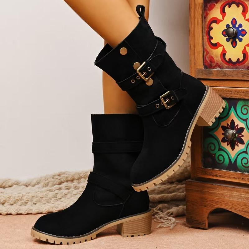 Suede Women Ankle Chunky Chelsea Boots Mid Heels Fashion Heeled Shoes Pumps  New Winter Goth Casual Woman Short Botas Mujer