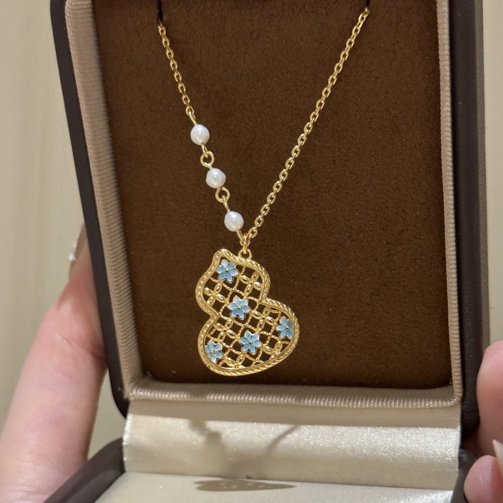 French-style New Chinese Palace Enamel Gourd Necklace with Hollow Design, Gradient Blue Glaze, Fortune Pearl, High-end Sweater Chain