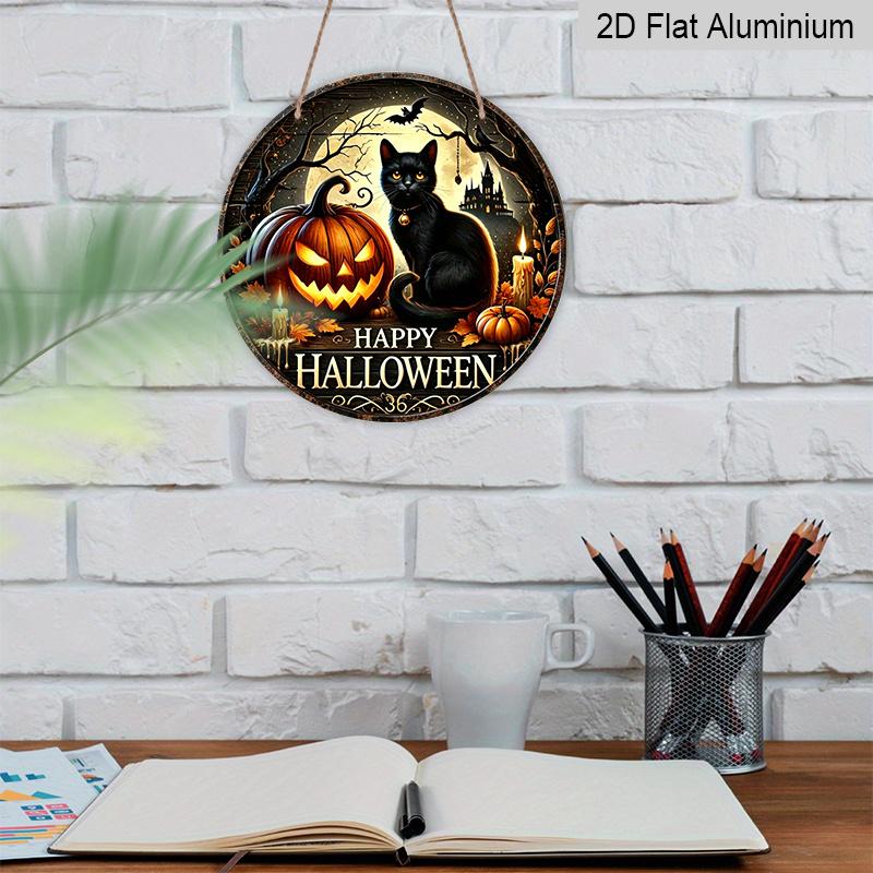 2D Flat, 1pc Vintage Halloween Black Cat Wall Decor, Round Aluminum Hanging Sign Featuring "Happy Halloween" Text, Pumpkin Lantern And Bat Patterns