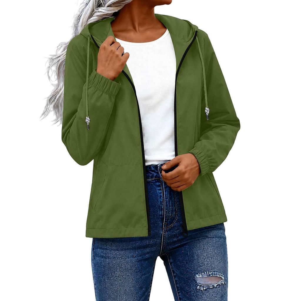 Women's Waterproof Windproof Hooded Jacket Lightweight Packable Outdoor Raincoat with Zipper Pockets and Adjustable Drawstring Hood