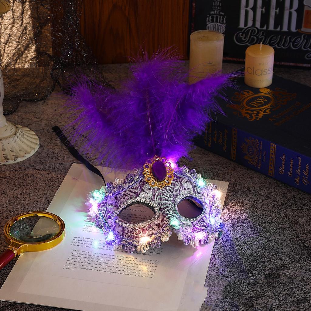 1Pcs Venetian Venice Glowing Feather Led Masks Woman Fancy Dance Party Eye Mask Carnival Halloween Masquerade Cosplay Costume