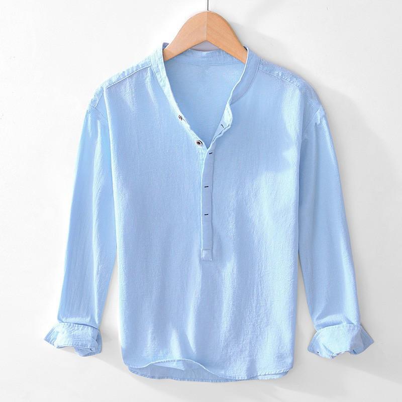 Men Light Blue Linen Cotton Blend Henley Shirt Stand Collar Long Sleeve Casual Top