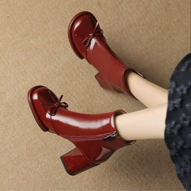 Fashion Elegant High Heels Women Ankle Boots Bow Sweet Shoes Winter New 2025 Trend Chunky Pu Leather Party Dress Snow Boots Pumps Mujer