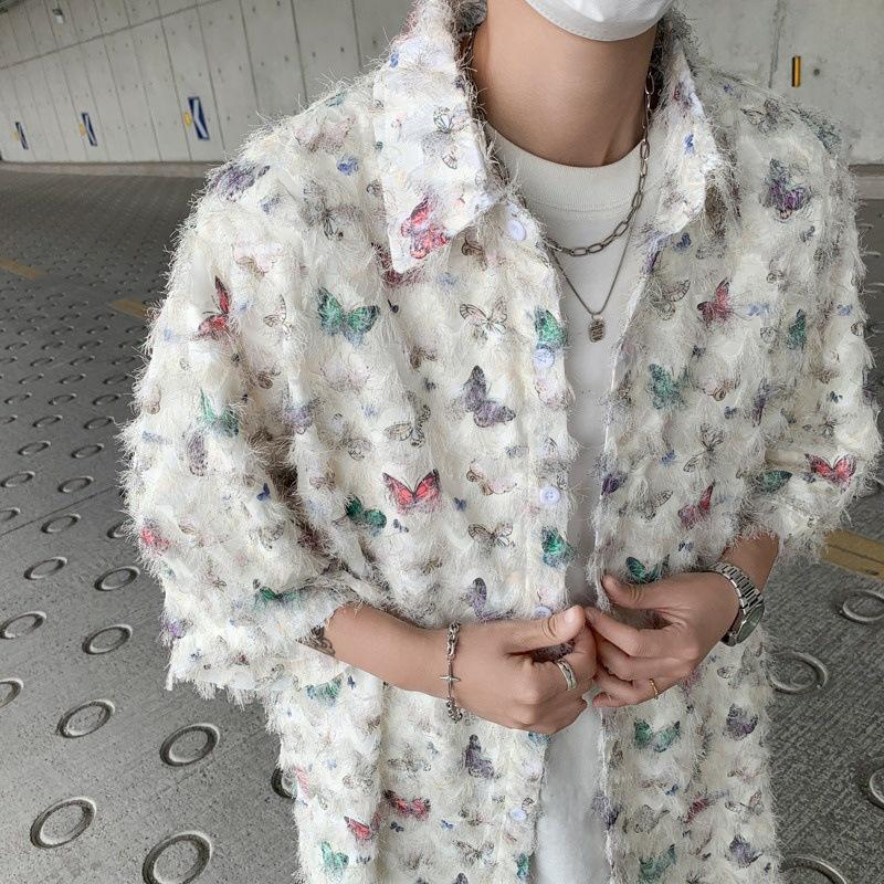 

Мужская рубашка-кардиган в японском стиле в стиле ретро — дизайн «бабочка», необработанные края, кисточки, высококачественный жакет с короткими рукавами и лацканами XXL