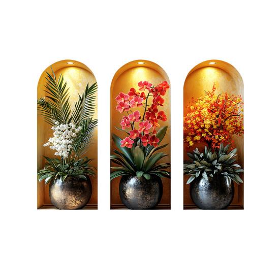 3 Pcs 3D Wall Vase Flower Wall Stickers Vintage Art Self-Adhesive Colorful