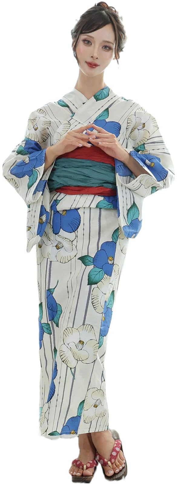 

Yukata Set Striped Vibrant Summer Camellia Adorable Japanese Clothes Fluffy Heiko Obi Thong Geta Set Blue One Size Fits Most [RAVIR] Women s 3-piece