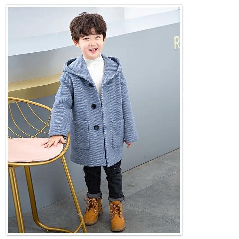 Winter Woolen Jacket For Boy  Korean Version Fashion Thickening Handsome Mid-Length Keep Warm Casual Children's Clothing
