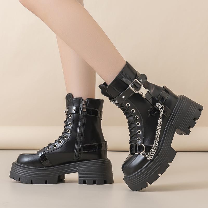 Women Punk Ankle Boots Platform Buckle Design Motorcycle Boots Lace Up Block Heel Shoes Chain Decoration Casual Outdoor Shoes 40