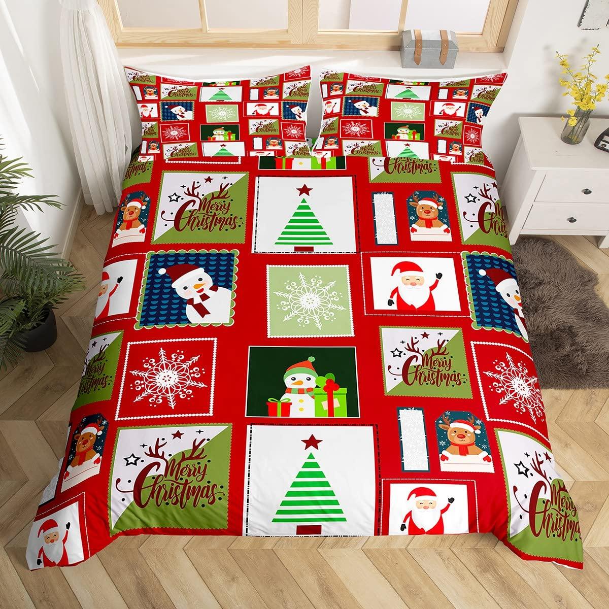 

Christmas King Queen Duvet Cover Santa Claus Snowman Bedding Set Red Green Grid Checkered Quilt Cover Polyester Comforter Cover EU Single(135*200cm)3pcs
