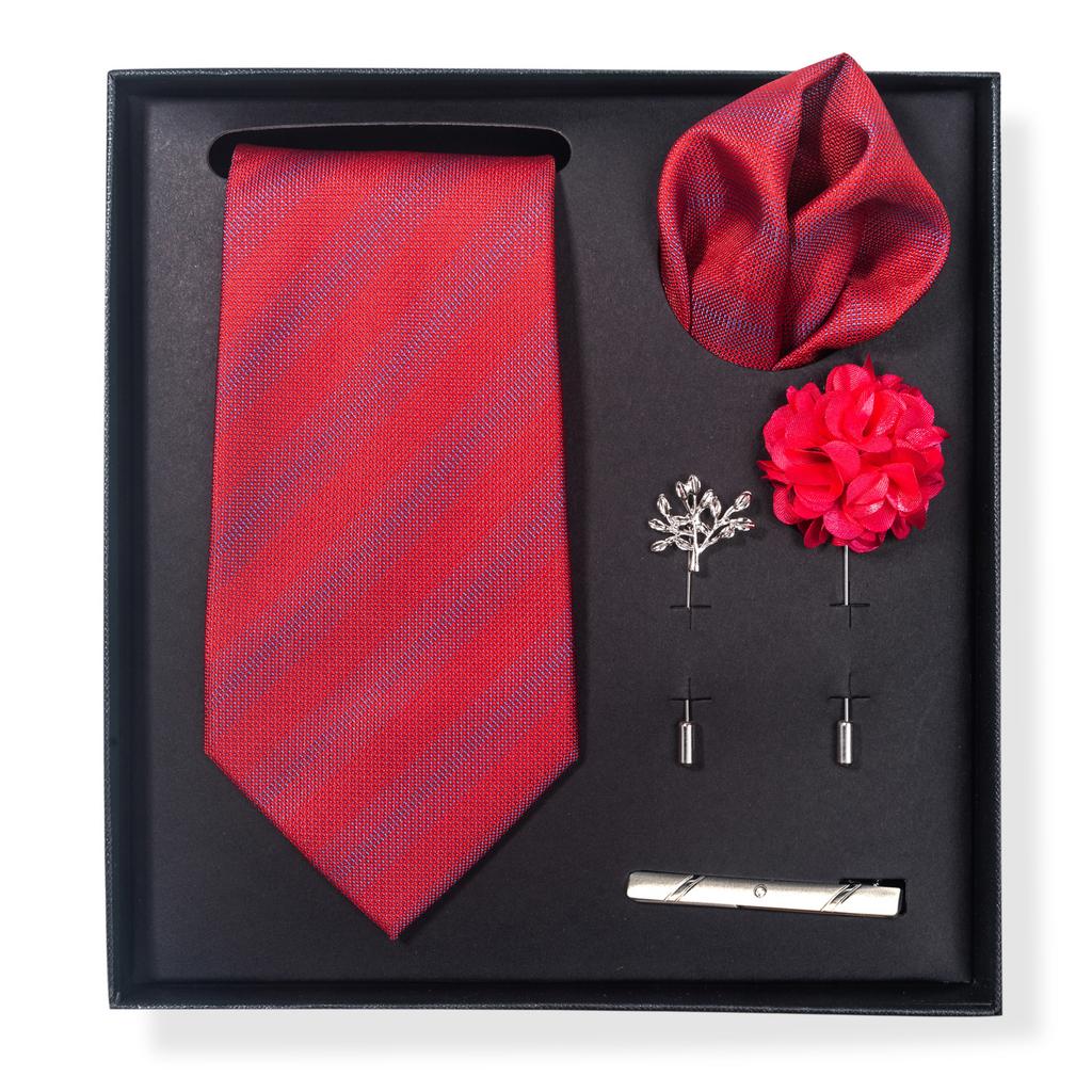 Tie Men'S Trend Net Color Striped Cashew Nut Tie 6-Piece Gift Box Square Scarf Tie Clip Corsage Set