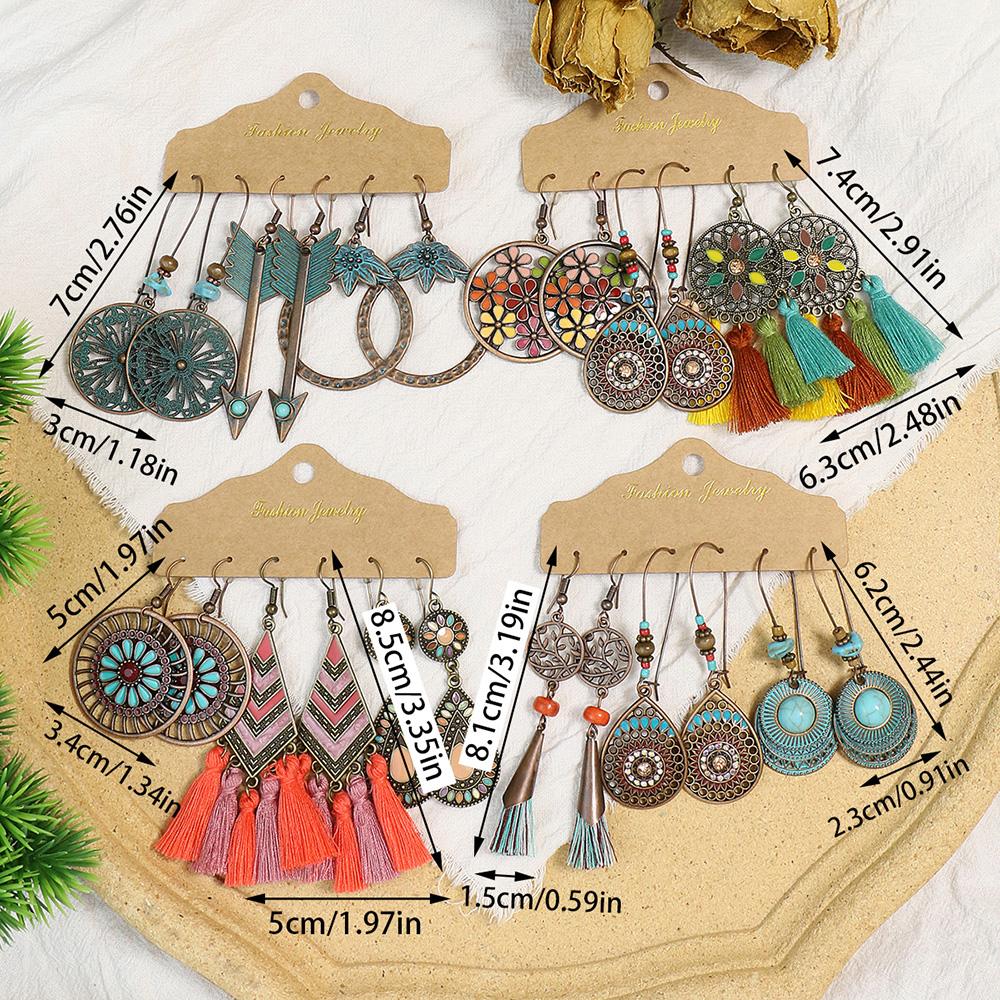 Colorful Tassels Earrings Set Ethnic Women Geometric Round Bronze Metal Drop Vintage Boho Wholesale Zircon Party Gifts