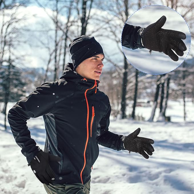 Winter Touchscreen Gloves for Men Women Waterproof Windproof Full Finger Cycling Silicone Non Slip Palm Zipper Sport Gloves for Running Driving Hiking
