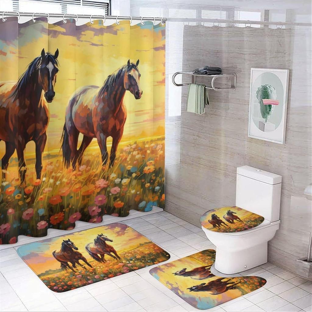 Colorful Horse Shower Curtain Sets With Rugs Toilet Lid Cover And Bath Mat Abstract Sunset Landscape Nature Animal Shower Curtai