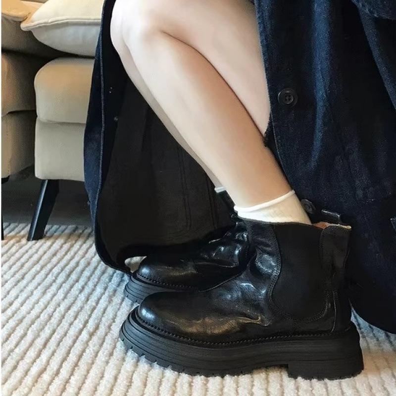 Spring and Autumn Single Boots Retro Round Head Platform Martin Boots Women's Thick Heel Short Boots Chelsea Boots Smoke Boots