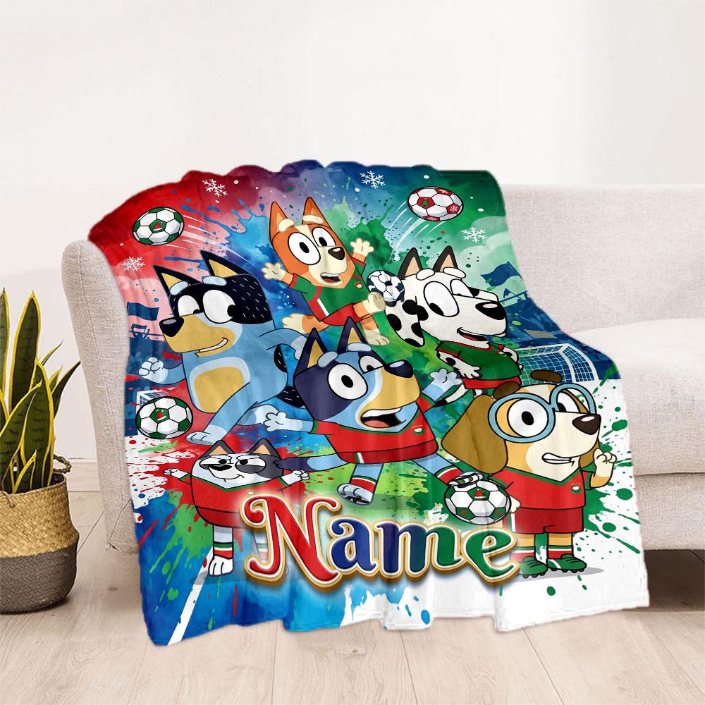 Bluey's Soccer Fun Personalized Name Blanket Gift Customizable Blanket Durable Comfort for Couch Home Decor Bedding Living Room for All Occasions