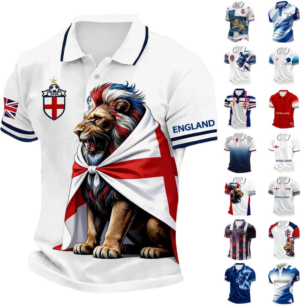 Camiseta Polo Clásica para Hombre con Estampado de Fútbol de Inglaterra Manga Corta Cuello de Botón Corte Casual Ropa de Fútbol para Aficionados