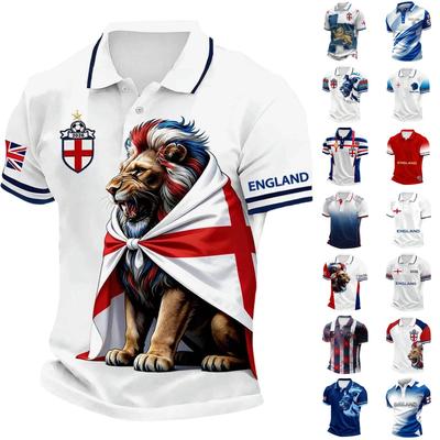 Męska Klasyczna Koszulka Polo z Nadrukiem Piłkarskim Anglii Krótki Rękaw Kołnierzyk na Guziki Luźny Krój Odzież Piłkarska dla Fanów