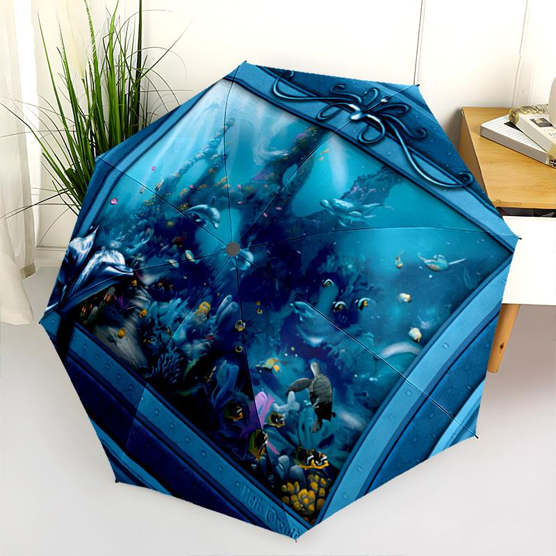 Vibrant 3D Ocean Life Folding Umbrella Travel Umbrella Travel Sun Umbrella Three Folds