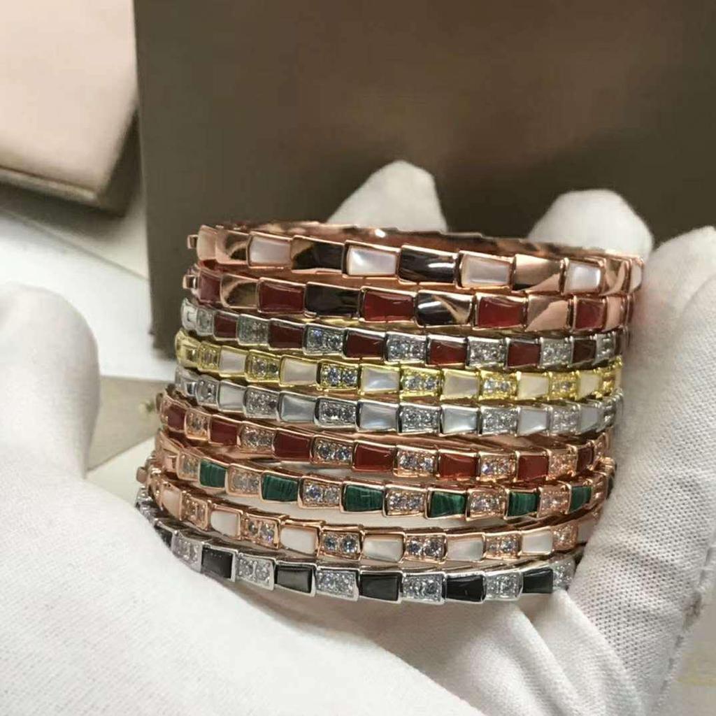Sterling Silber Schlangenarmband mit Voll-Diamanten, natürlichem Perlmutt & Achat, in Pfauengrün für Paare - Unisex Europäischer & Amerikanischer Stil