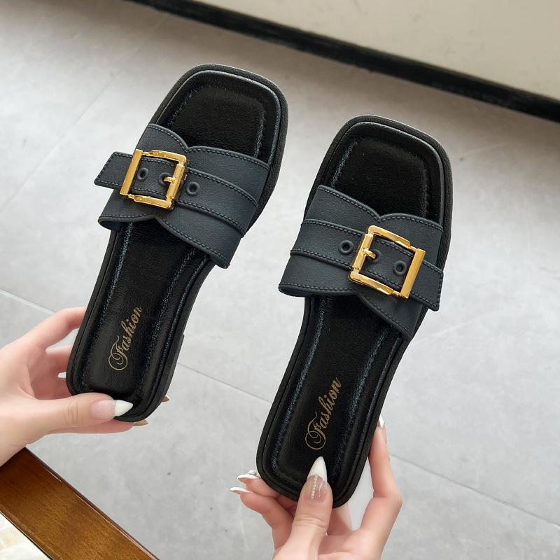 Women's Summer Fairy-Style Square Buckle Slippers - Soft Sole, Versatile Outdoor Beach Sandals
