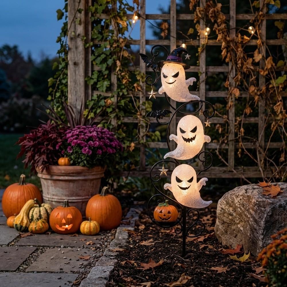 3 LED Lighted Halloween For Garden Stake with Witch Hat Bat Jack O Lantern Design for Yard Decor 45cm Metal Construction