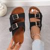 Women's Wide Width Double Buckle Cork Slides - Flat Sole Mule Sandals for Outdoor Wear, Casual Single Strap Thongs