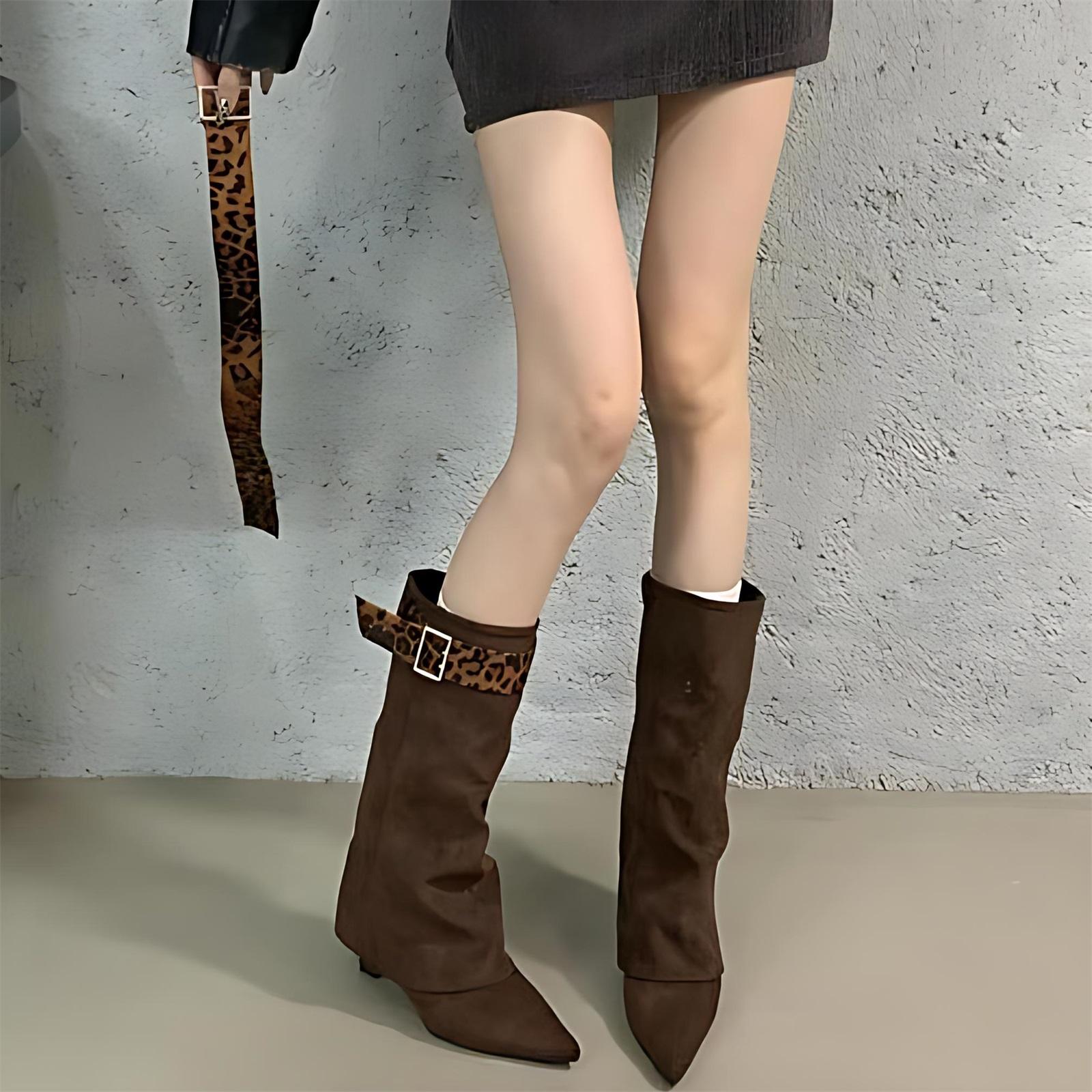 Women s Fashion Detachable Leopard Print Belt Buckle Pointed Toe Pleated Boot 40