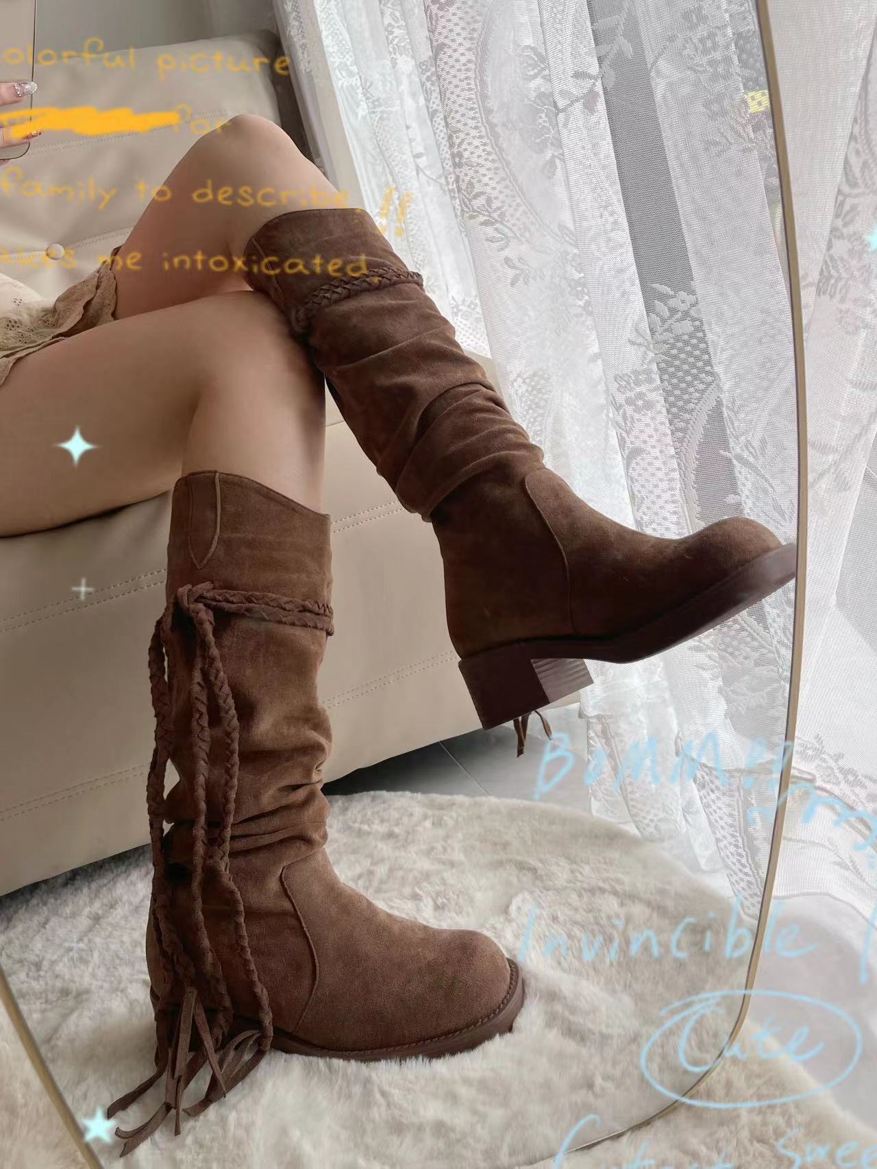 

Brown Tassel Boots Fall 2025 New Vintage Wasteland Knight Boots British Academy Pile Medium Boots Women 40