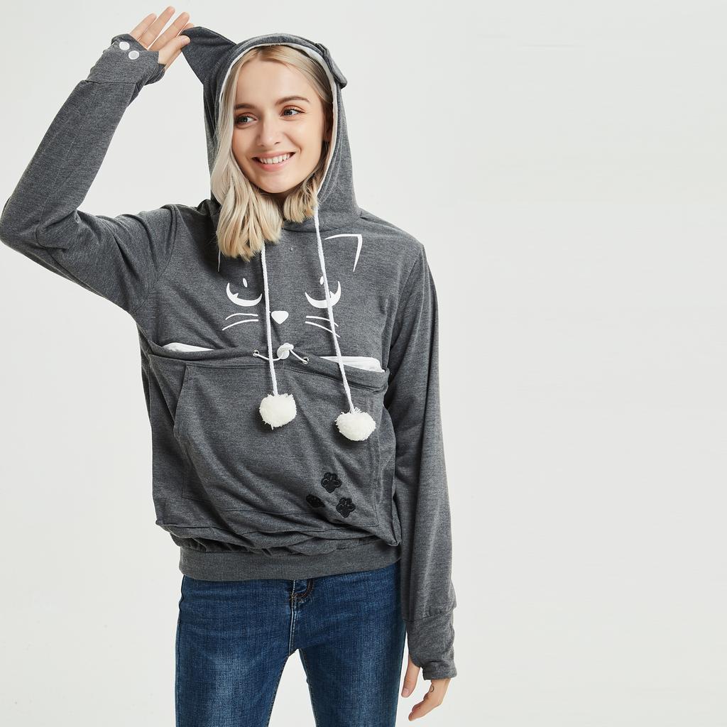 Women's Fashion Casual Top Solid Color Long Sleeve Pet Pocket Hoodie Sweatshirt