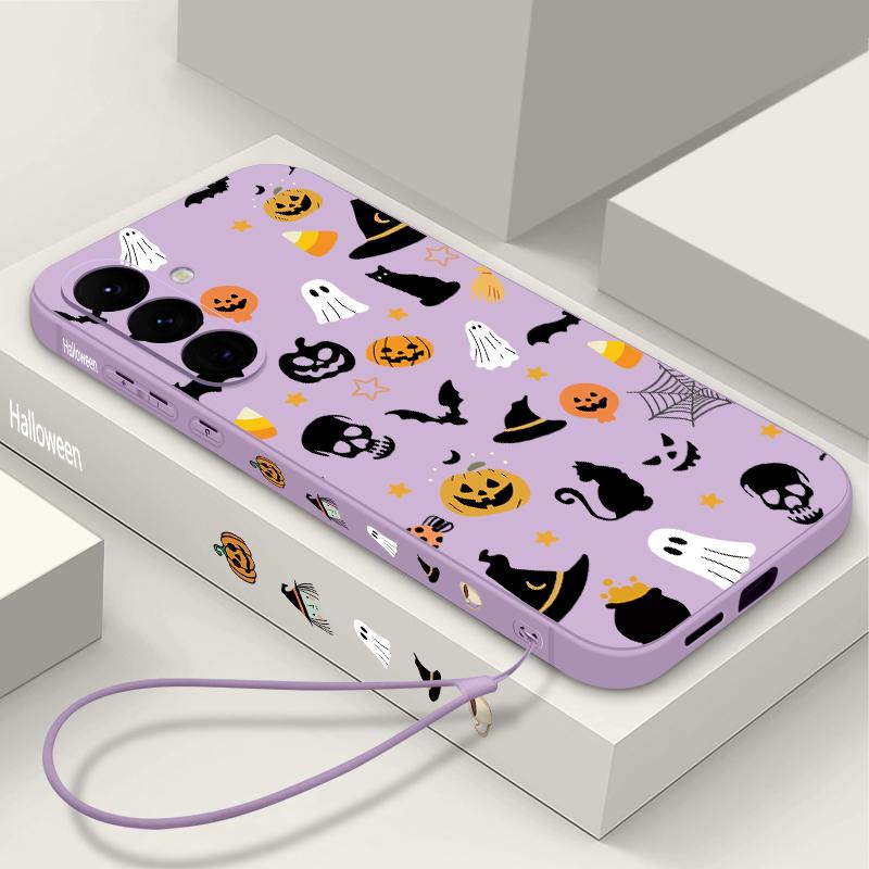 Ghost Pumpkin Pattern Phone Case For Samsung Galaxy A55 A54 5G A56 S25 A53 A52 A14 A34 A15 A35 S23 S24 Ultra S20 FE S21 S22 Soft TPU Lanyard Cover