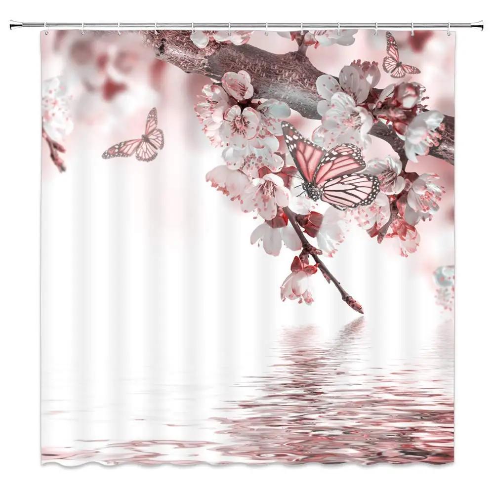 Charming Oriental Blossom Shower Curtain Set - Vibrant Cherry Blossom Designs for Elegant Bathroom Décor, Waterproof & Easy Care