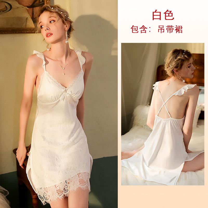 

Весна и осень новый однотонный атласный кружевной подтяжка ночная рубашка женская сексуальная подтяжка плечо грудь продвижение L