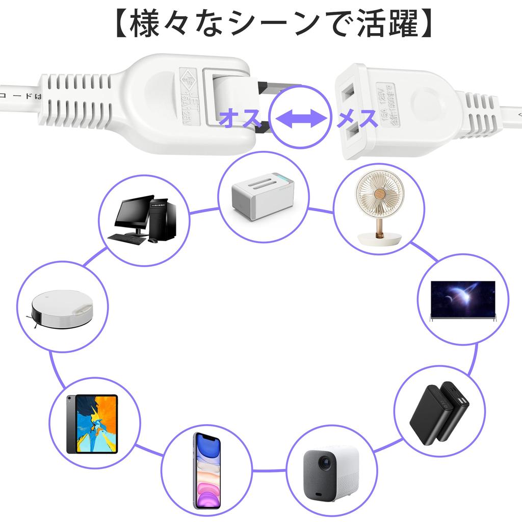 7m BlackWhite Extension Cord, 15A, 1500W, Tracking-Resistant, Double-Coated, Insulated Cap, AC Adapter, Clean Connection, Outlet, Customizable