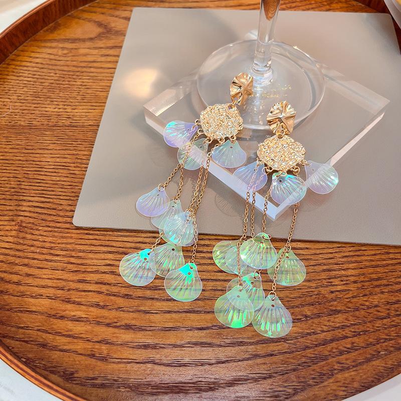 Geometric Shell Fringed Earrings Colorful Long Literary Classical Girl Stud Earrings Chain Sweet Super Fairy Earrings